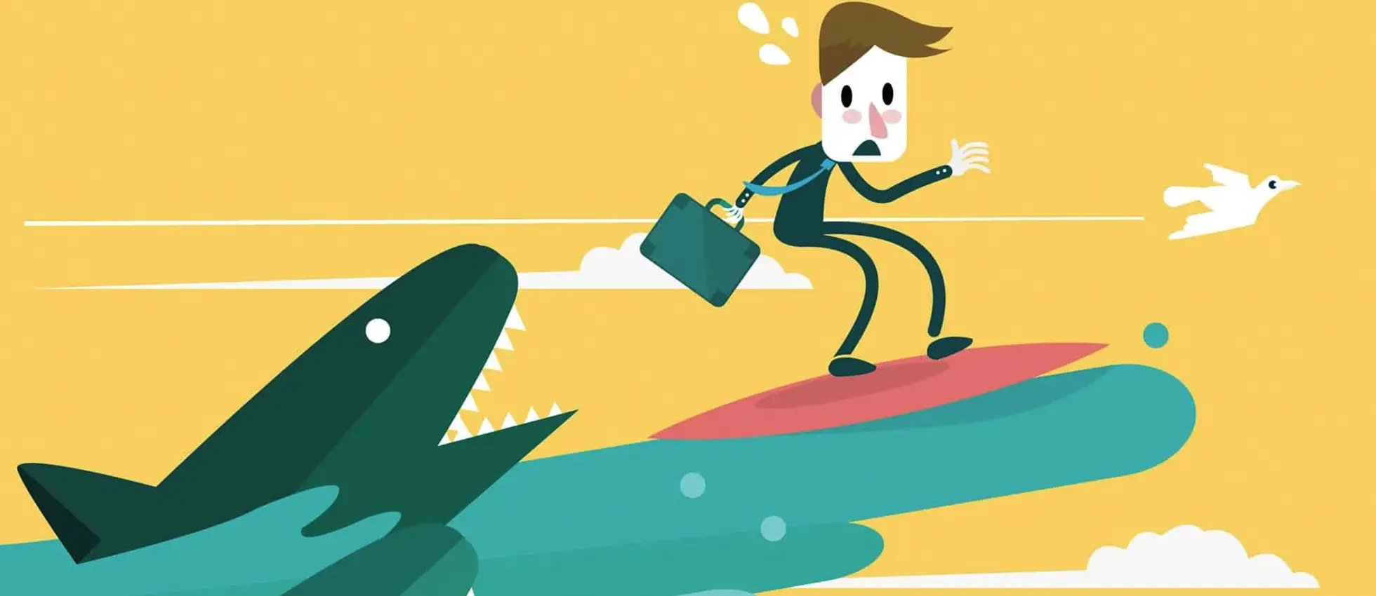 an illustration of a businessman surfing a wave