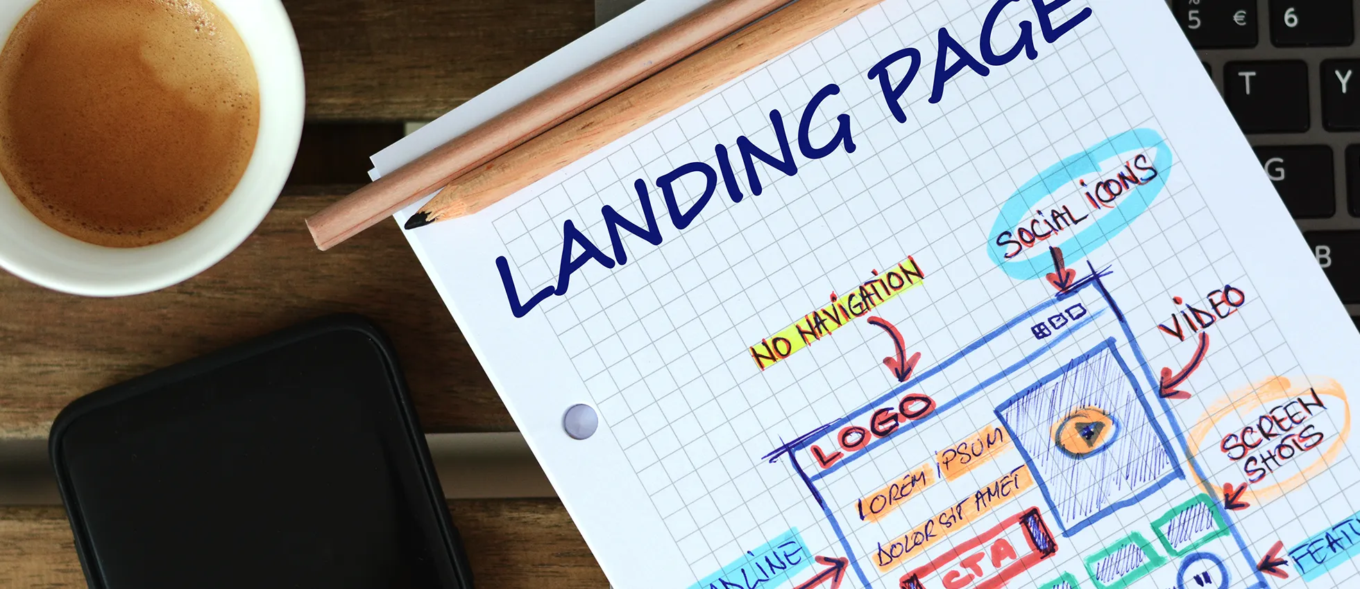 an image of a landing page sketched out on a notepad