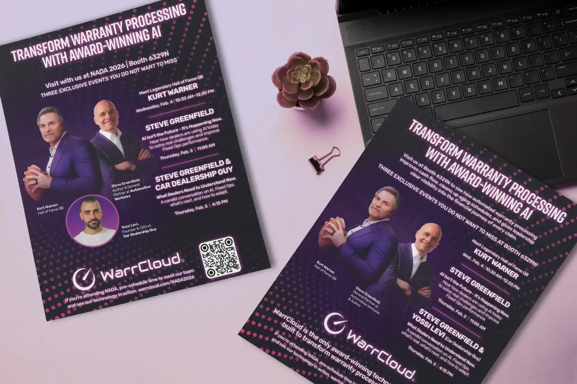 image of warrcloud flyers on a desk around a computer