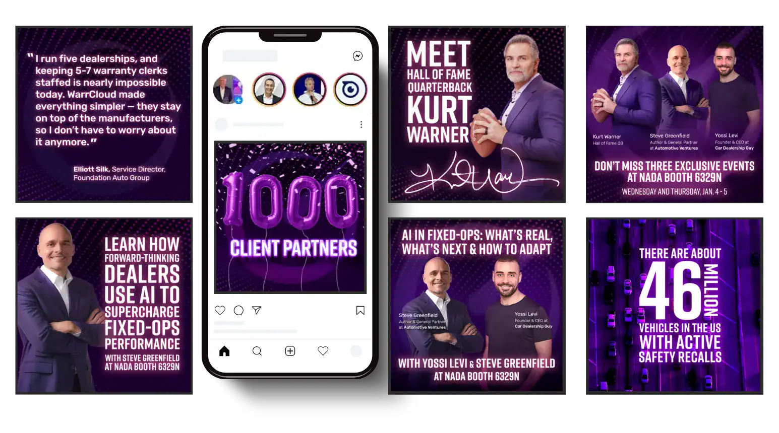 image of warrcloud social posts in and around a phone screen