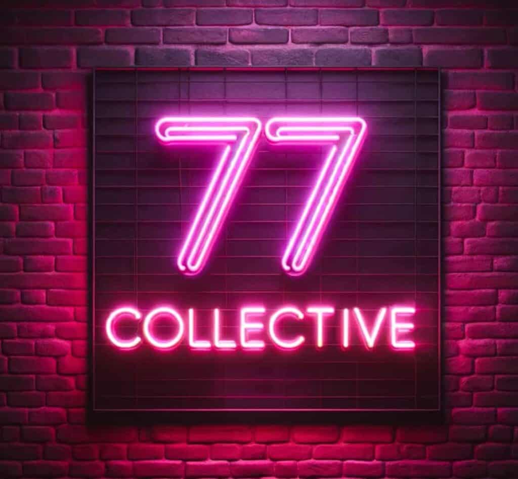 an image of the seventy seven collective neon sign