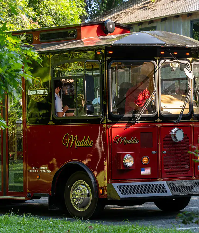 image of a red trolley driving through the street