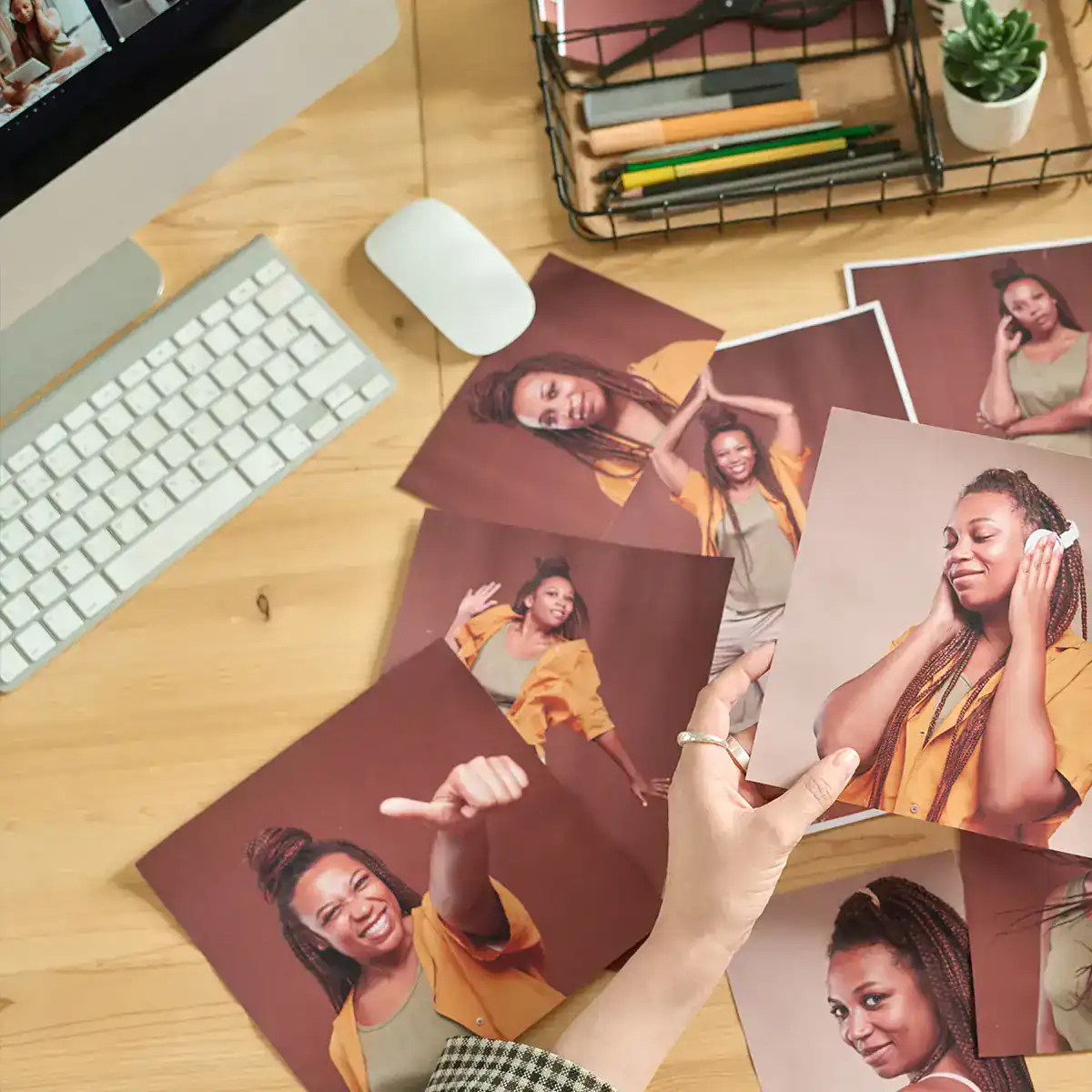 a collage of personal photos on a desk