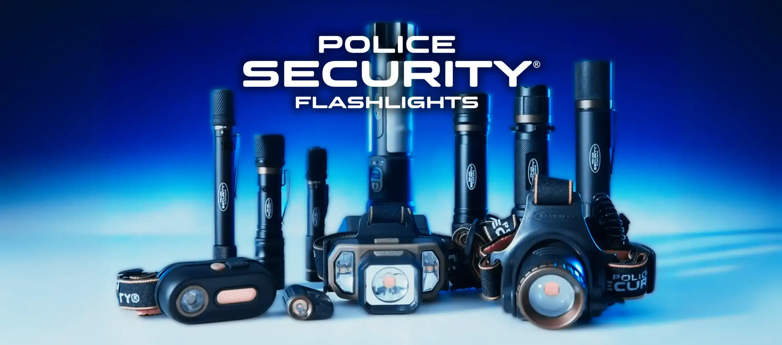 image of flashlights lined up in a row on a blue backgreound