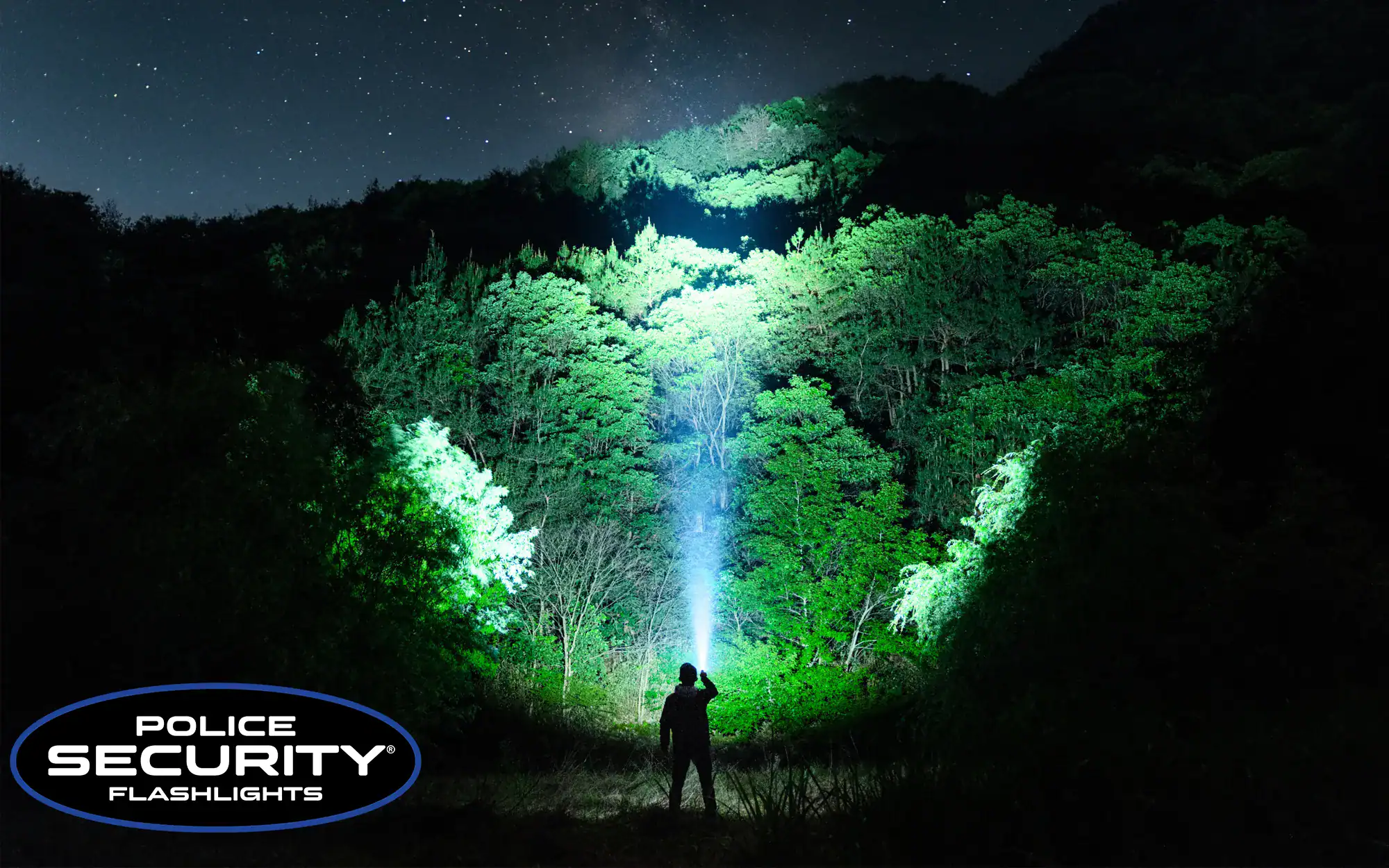 an image of someone shining a light in the woods