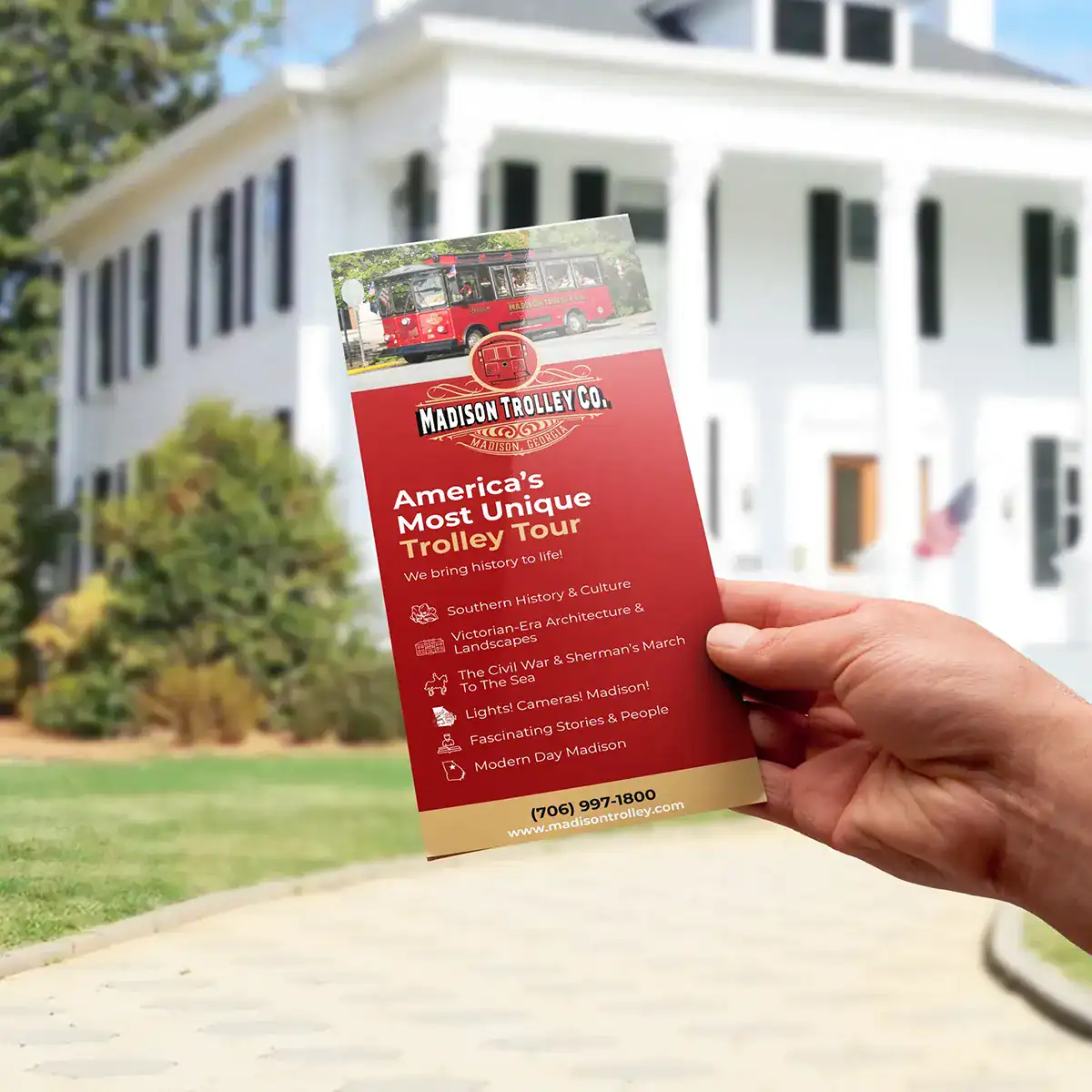 Vintage trolley tour brochure for Madison Trolley Co. in Madison, Georgia, showcasing historic city sights.