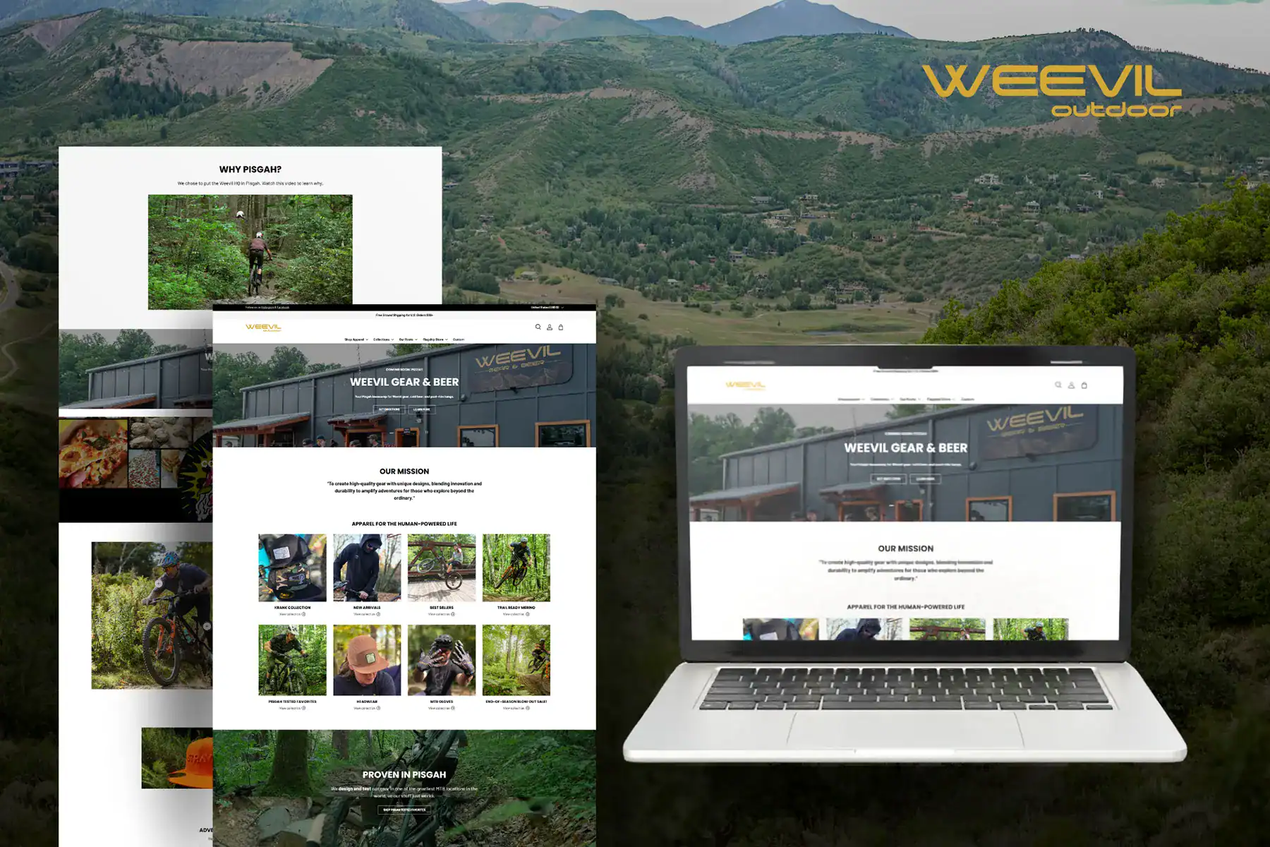 an image of the forrest with a laptop of the Weevil Outdoors Site ontop