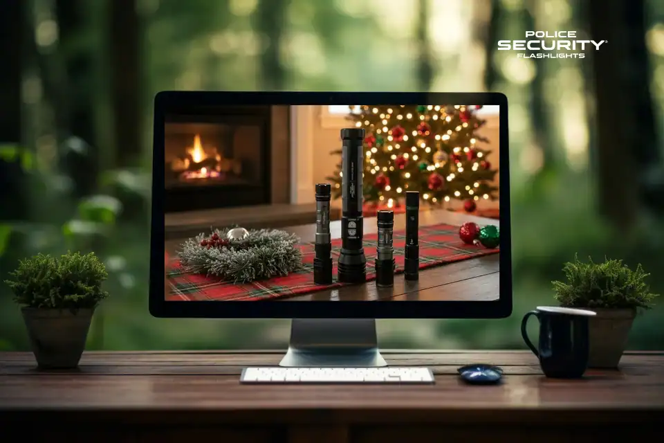 An image of flashlights on a table, showing on a laptop