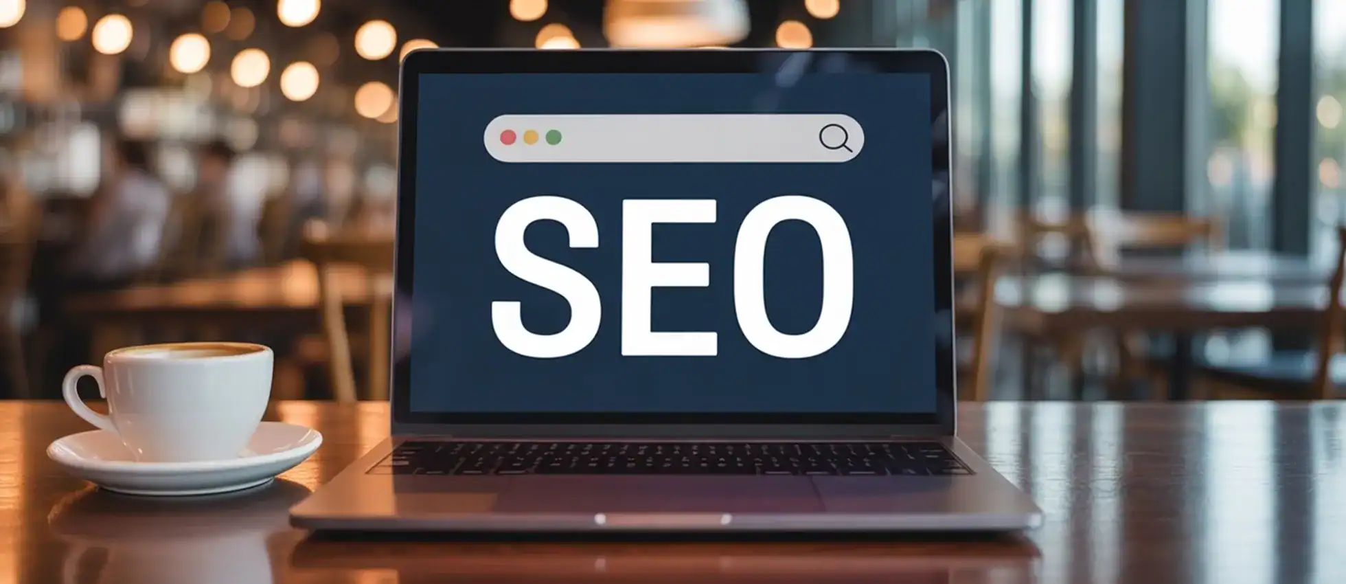 image of a laptop with SEO on the screen, in a table in a coffee shop
