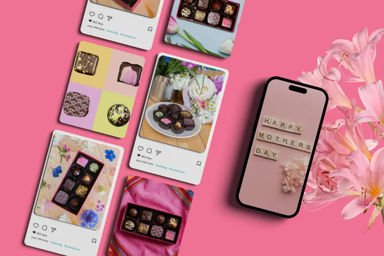 image of mothers day social media posts on a pink floral background