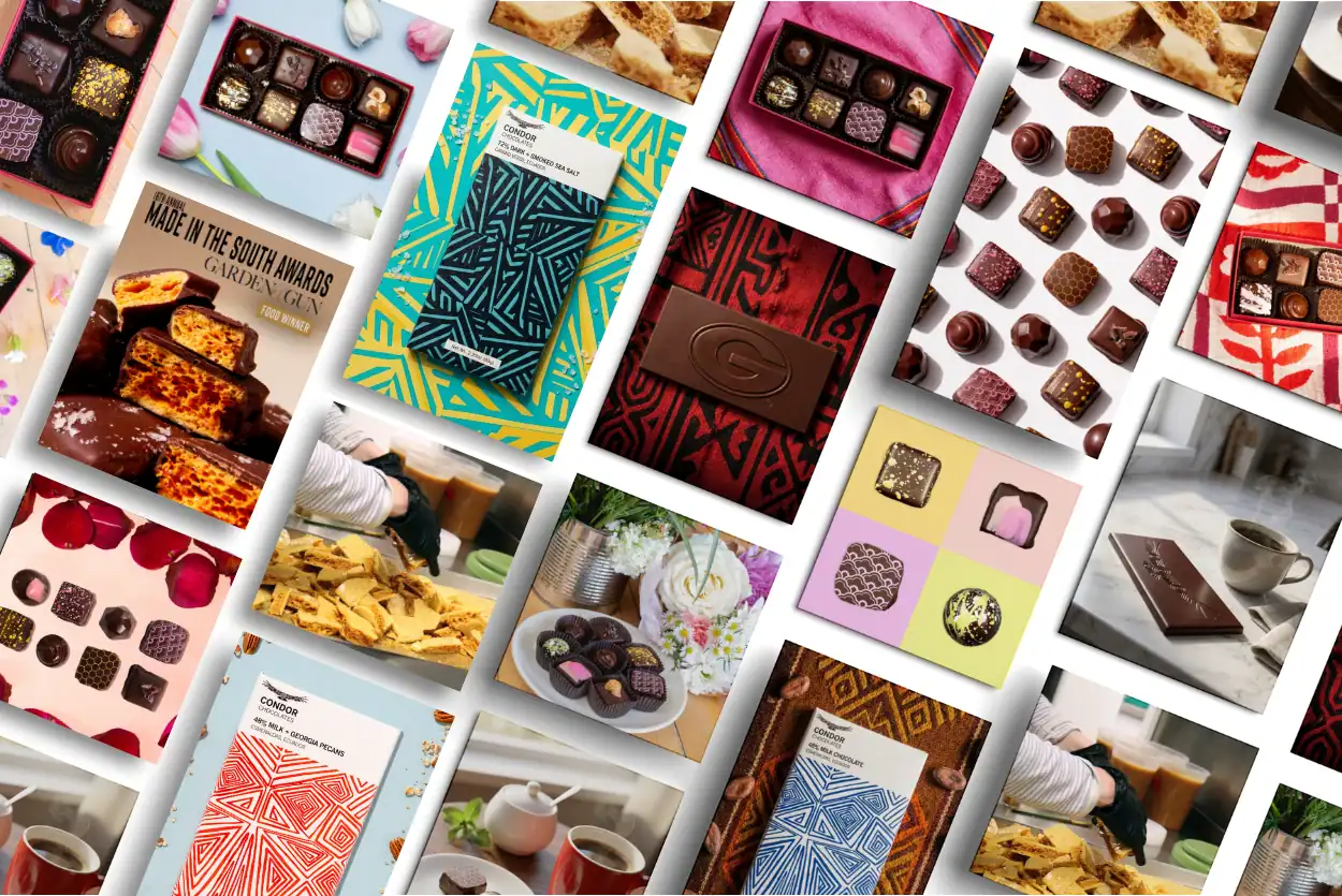 Premium artisan chocolates displayed with vibrant packaging and sophisticated arrangements.