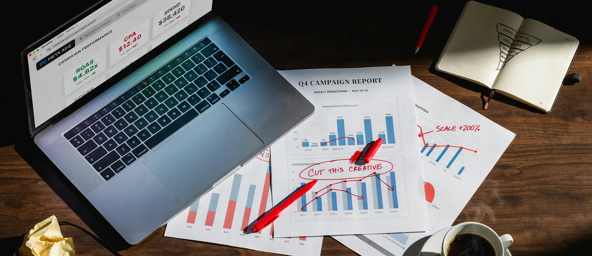 image of a laptop of a desk showing meta ad performance and strategy documents