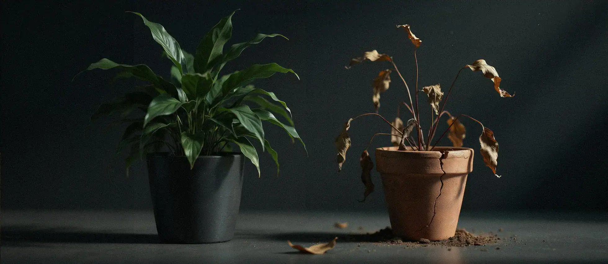 an image of two plants, one fully grown and one wilting