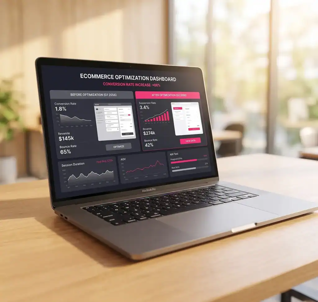 an image of a laptop on a desk at night with ecommerce digital marketing numbers on teh screen