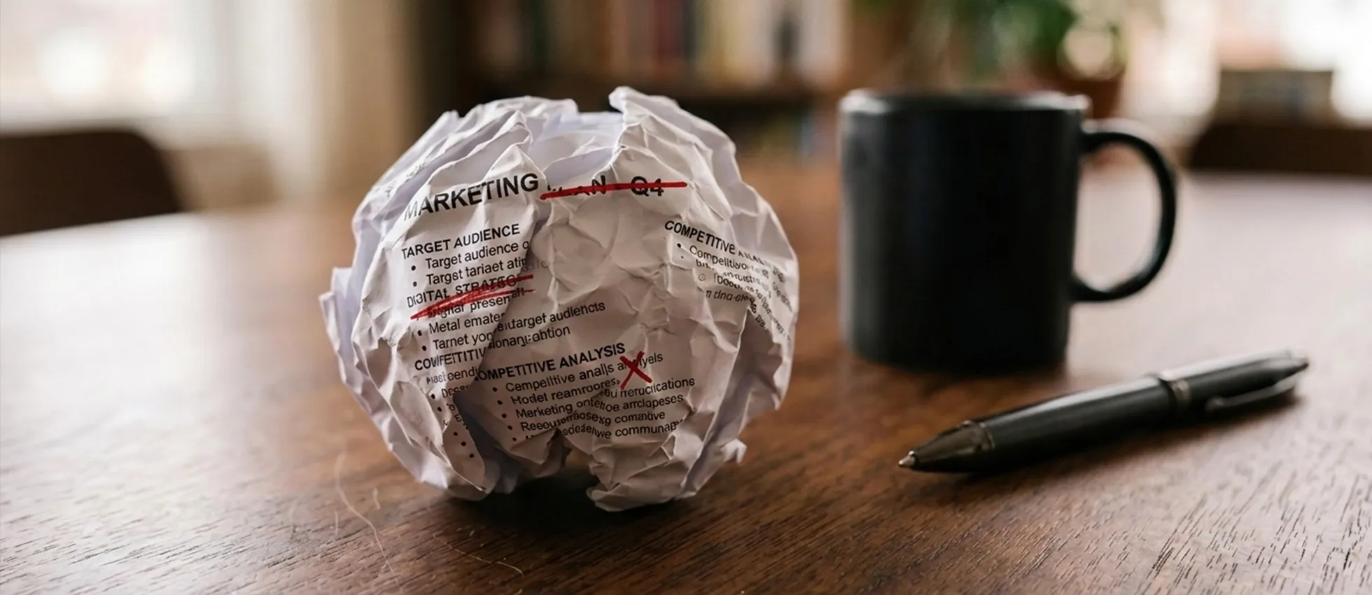 an image if a crumpled up marketing plan on a desk