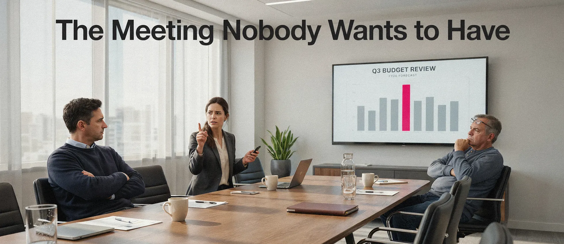 a conference room with people having a budgeting meeting